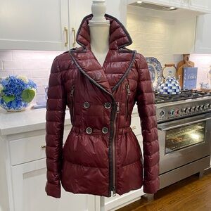 NWOT Burberry  Down puffer jacket Burgundy & Black leather trim. FLATTERING FIT!